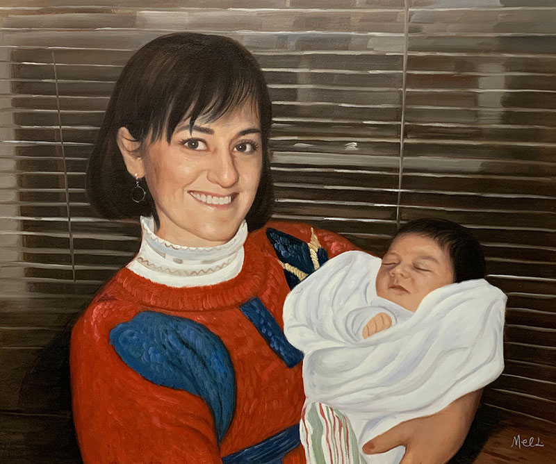 Painting of a woman holding a sleeping baby in front of blinds.