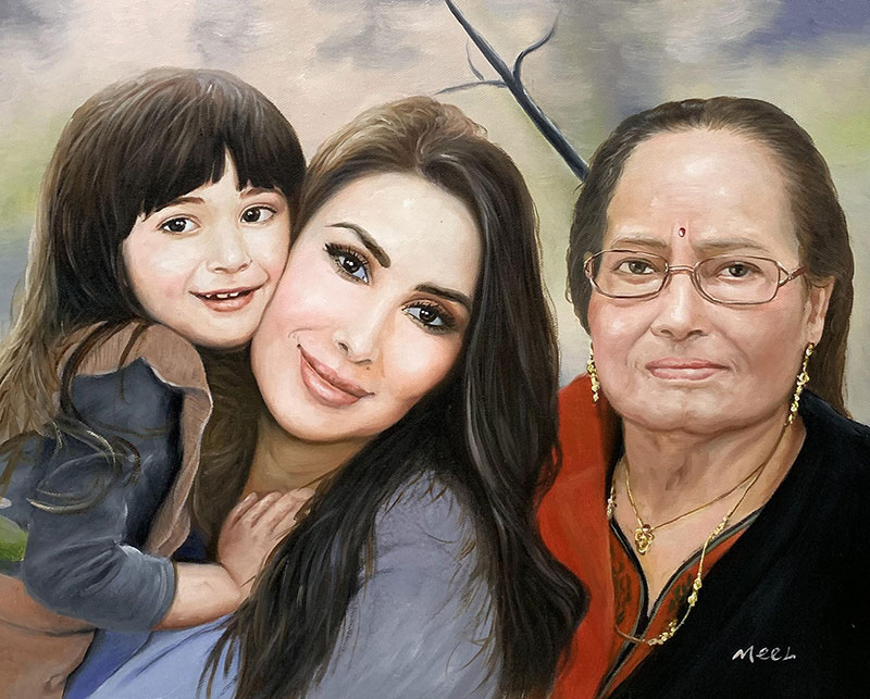 Painted portrait of three generations of women: a young girl, her mother, and her grandmother.