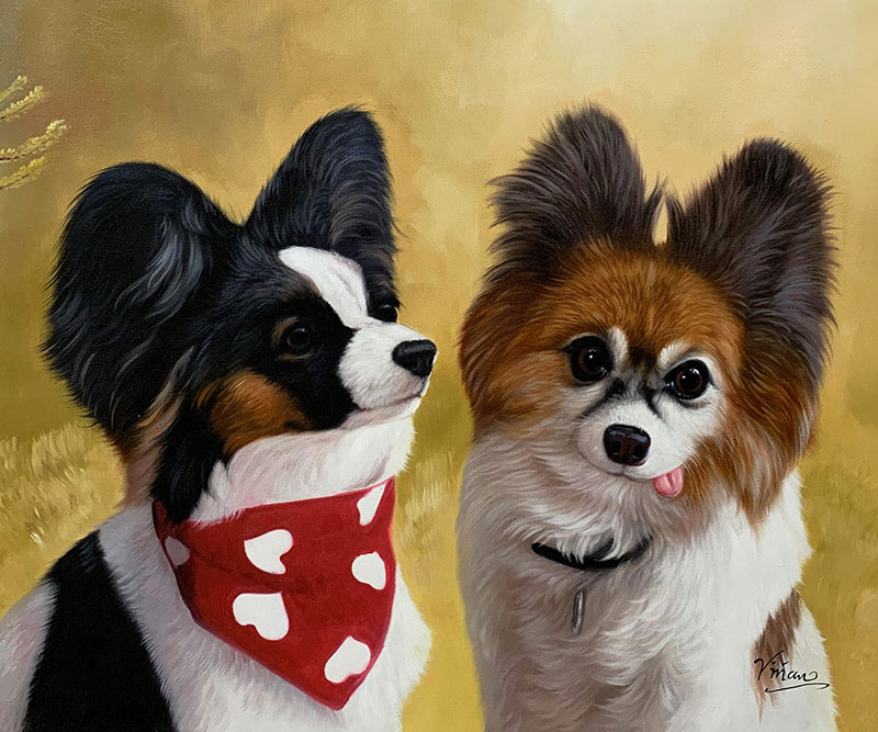 Painting of two Papillon dogs, one wears a red bandana with white hearts.