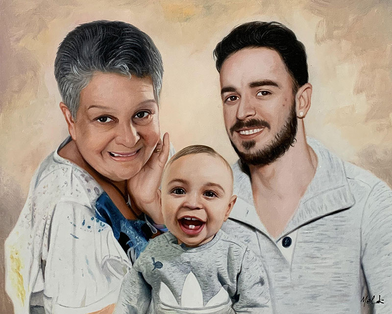 Painted portrait of a grandmother, father, and baby.