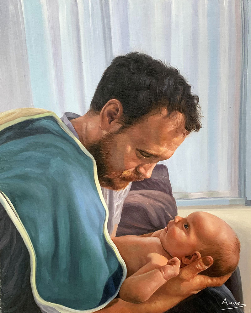 Beautiful handmade oil artwork of a father and child