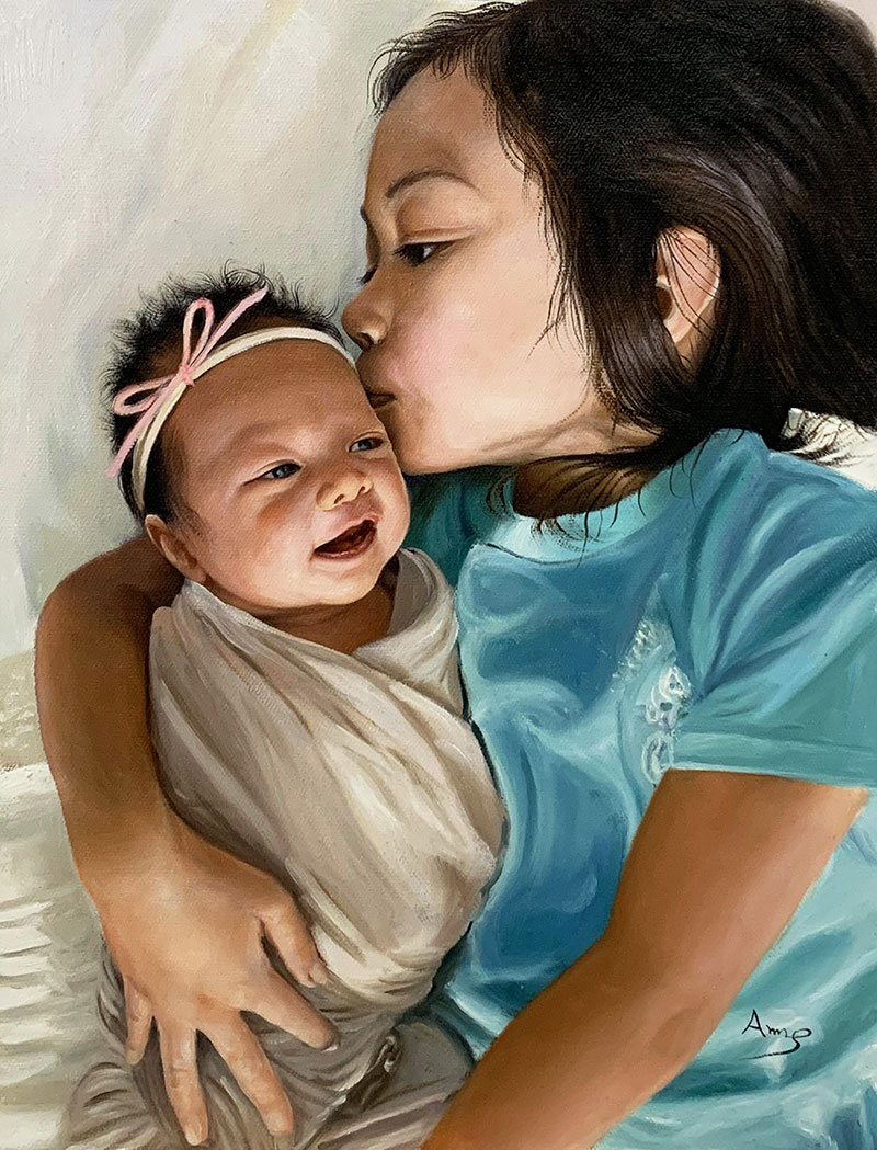 Beautiful oil painting of a girl kissing her little sister