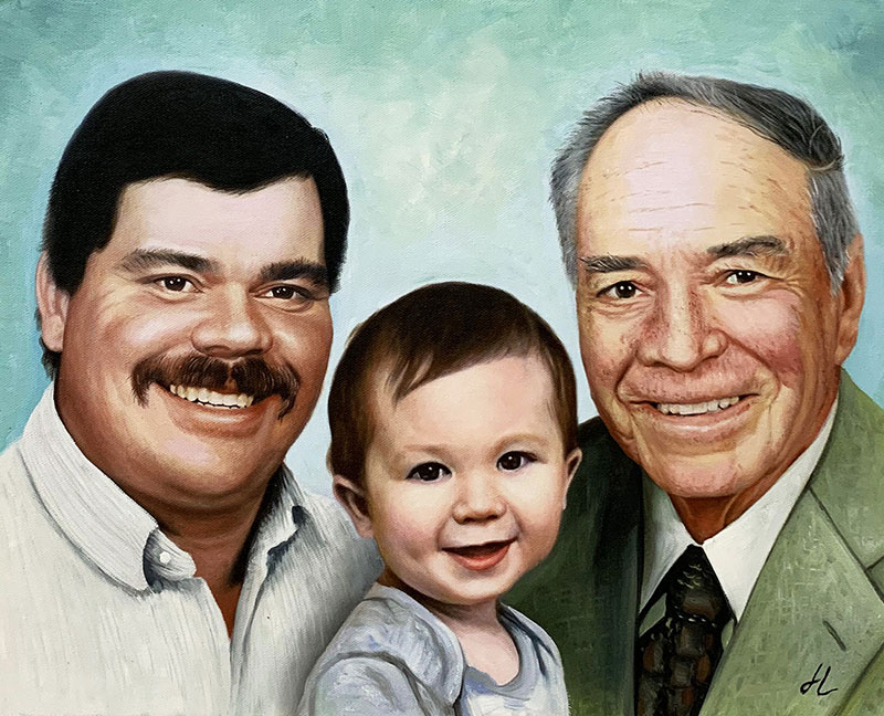 Painted portrait of three generations of a family: a man with a mustache, a toddler, and an older man in a suit.