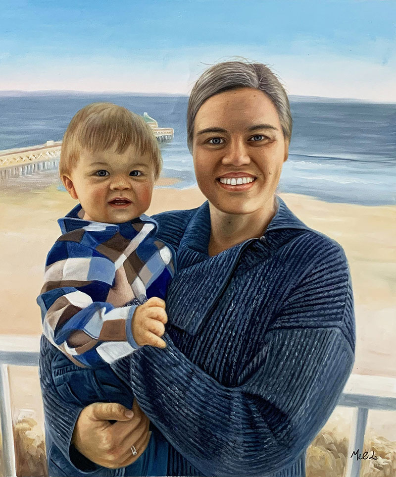 Painting of a woman holding a toddler, ocean and pier in the background.