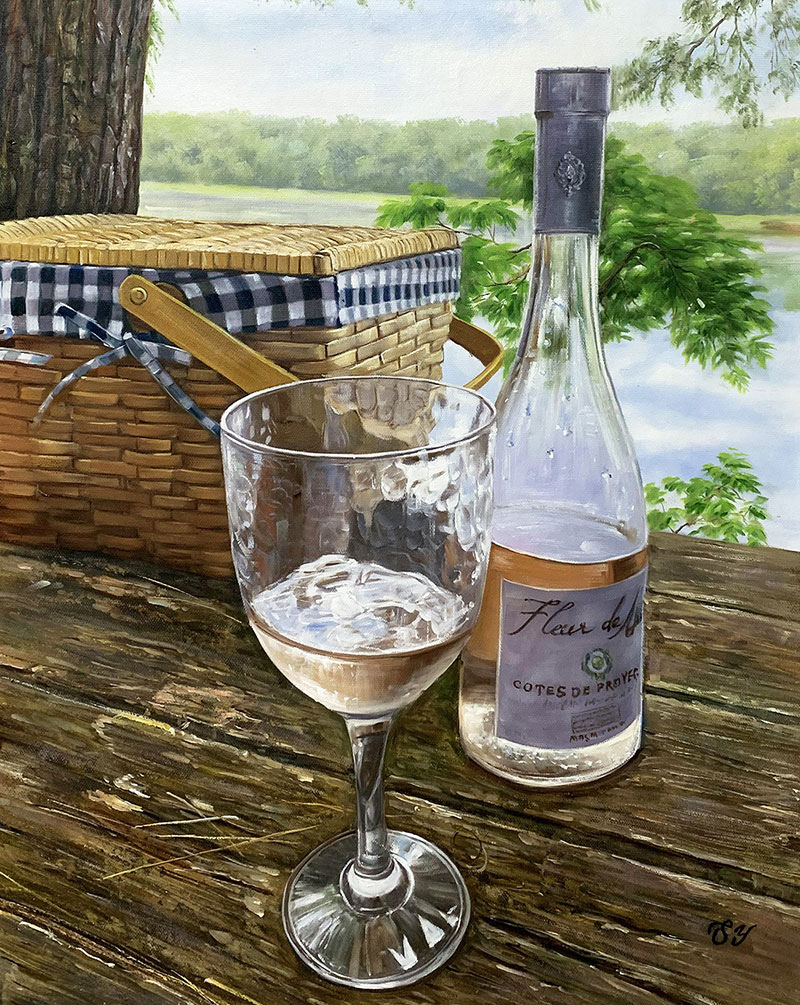Beautiful handmade oil painting of a bottle of wine
