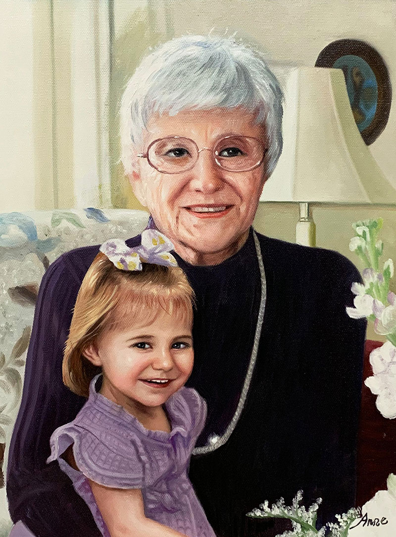 Beautiful oil painting of a grandmother and a granddaughter