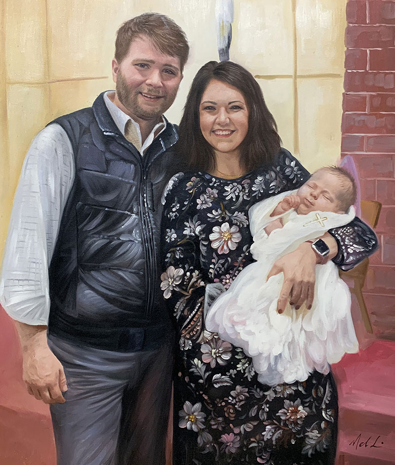 Oil painting of a family portrait: a man, woman, and baby.