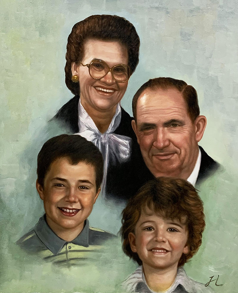 Custom oil artwork of a family with a solid background