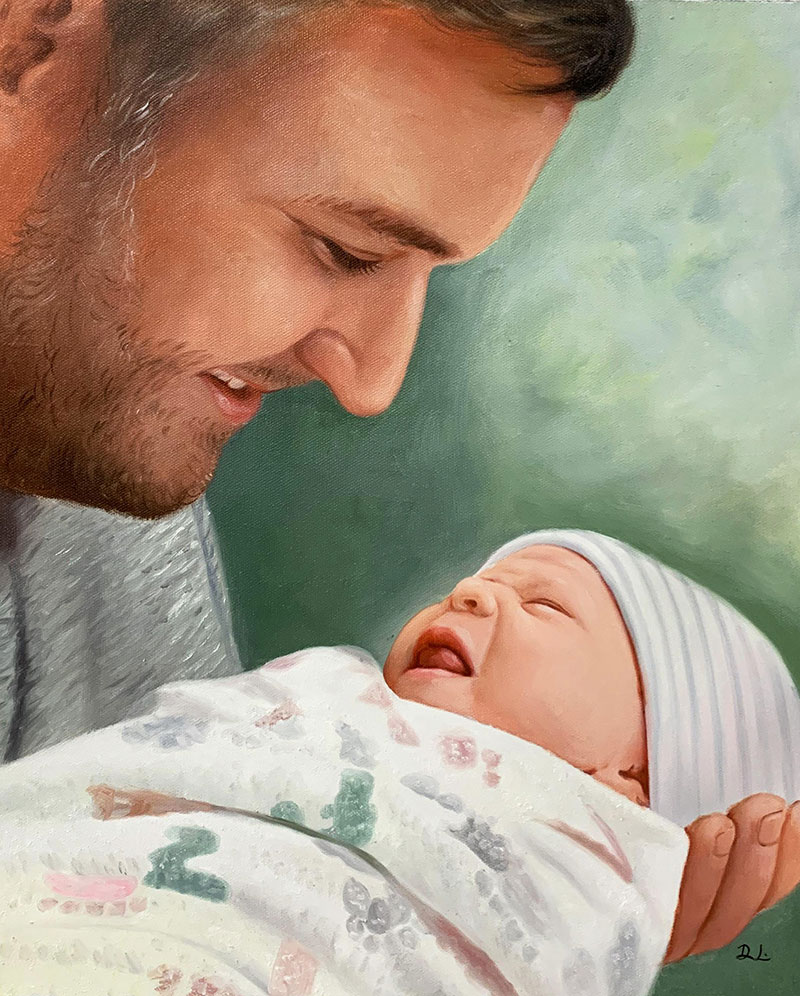 Gorgeous oil artwork of a father holding a baby