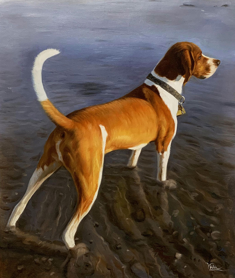 Painting of a brown and white dog standing in shallow water, looking to the right.