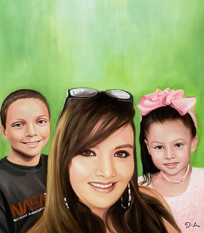 Beautiful oil painting of a family with a solid background