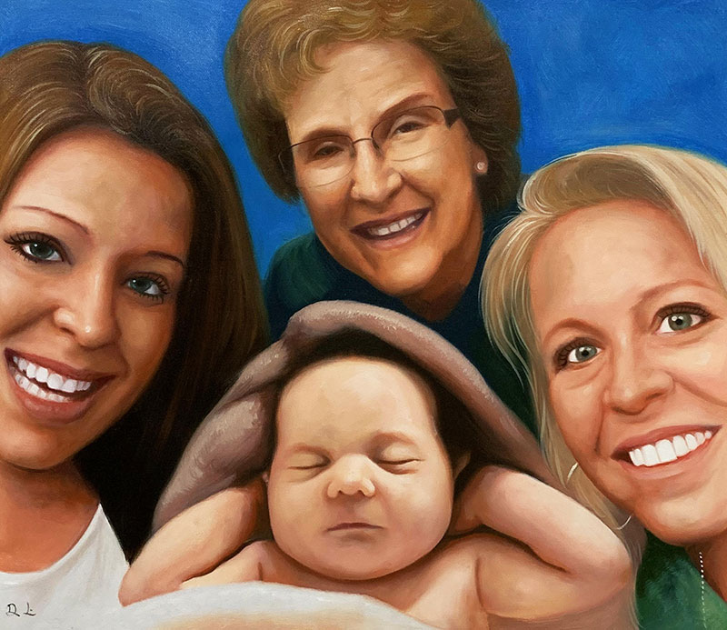 Beautiful oil artwork of a family with a solid background
