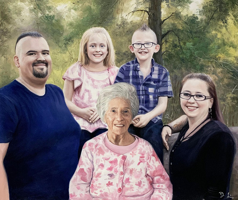 Personalized handmade oil artwork of a family