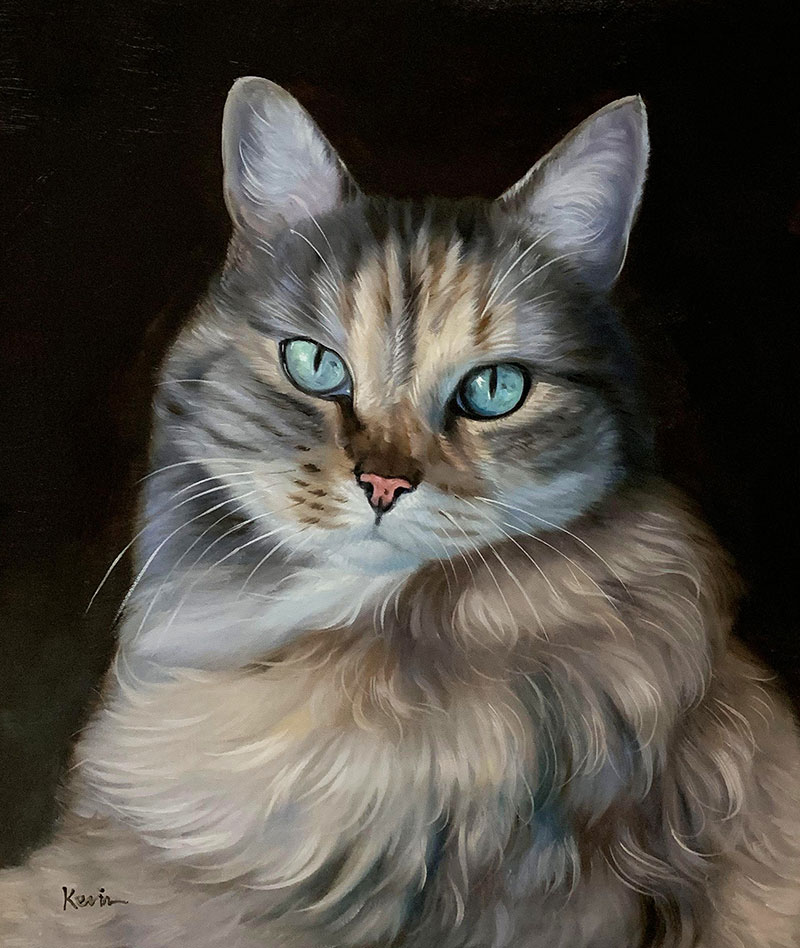 Painting of a long-haired cat with bright blue eyes.