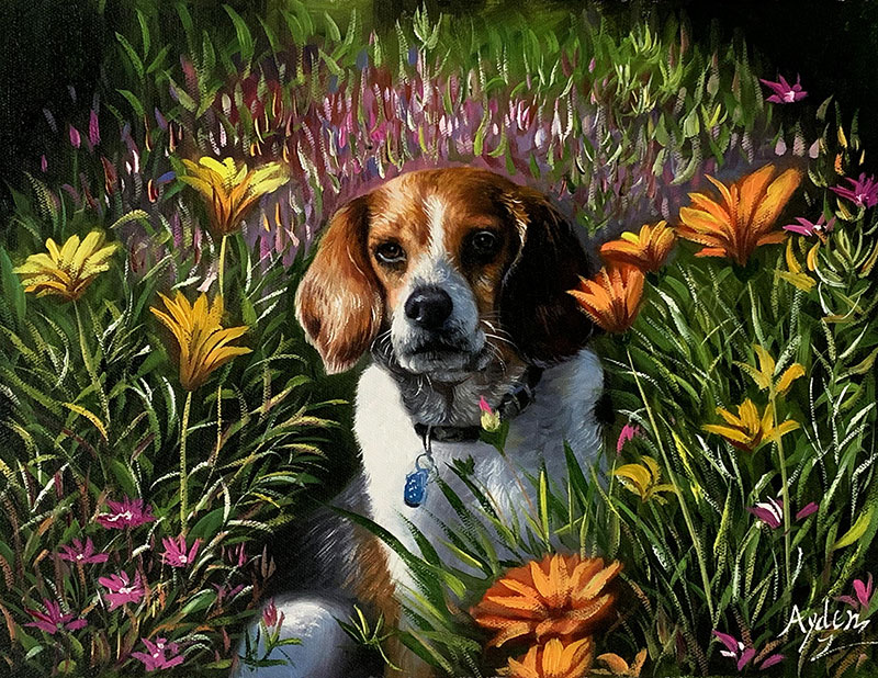 Custom handmade oil painting of a pet in flowers