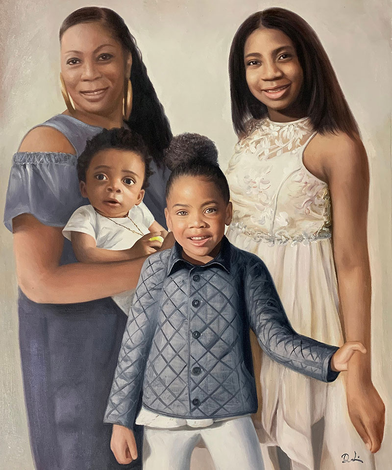 Painted portrait of a woman with three children.