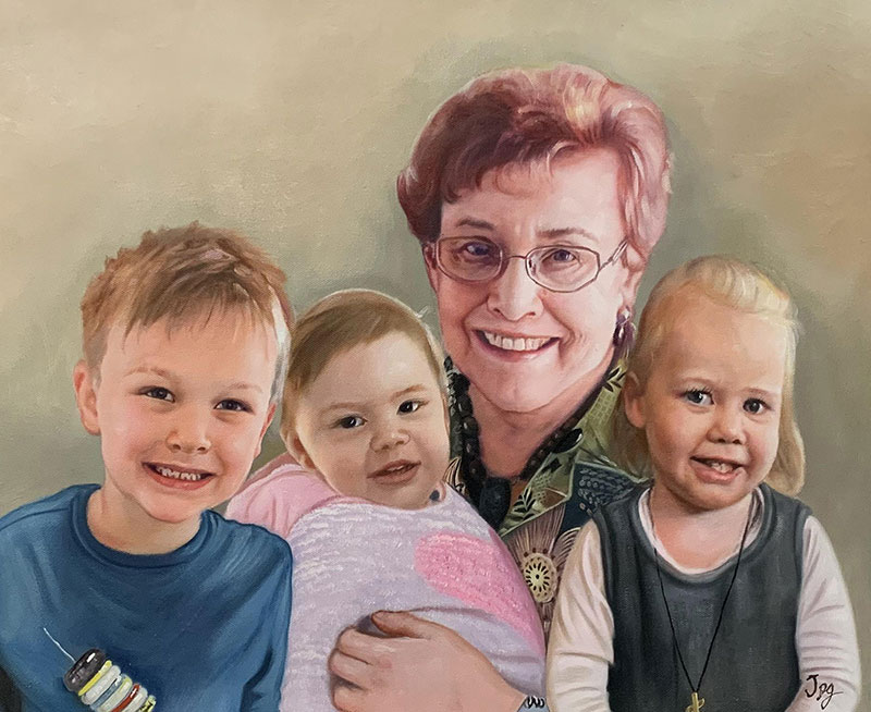 Beautiful oil painting of a grandmother and grandchildren