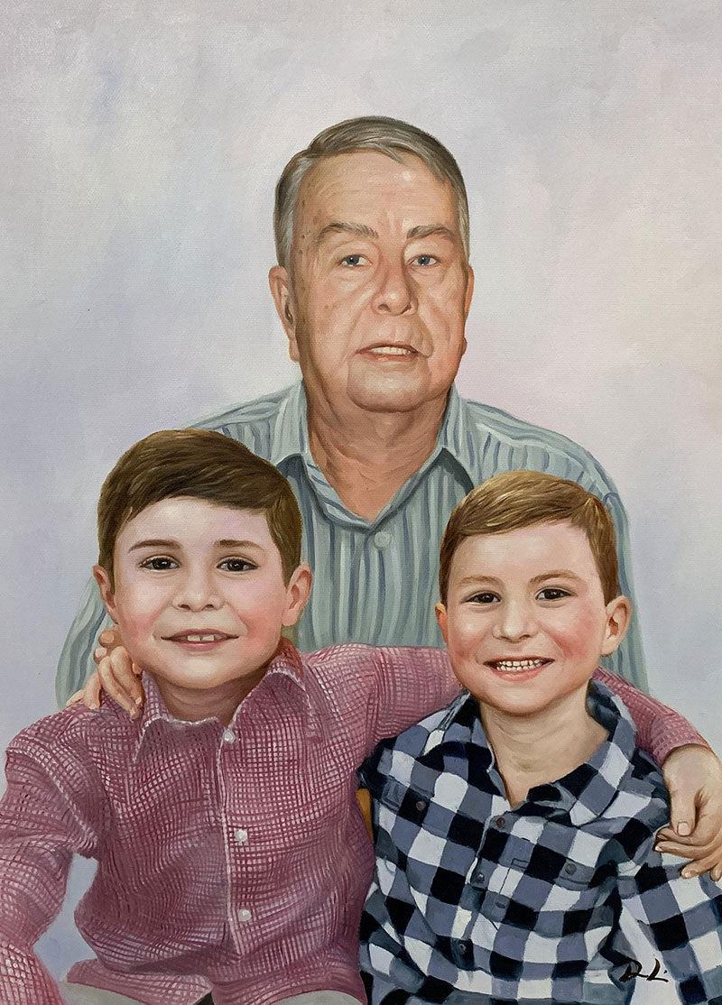 Painting of a grandfather with his two grandsons.