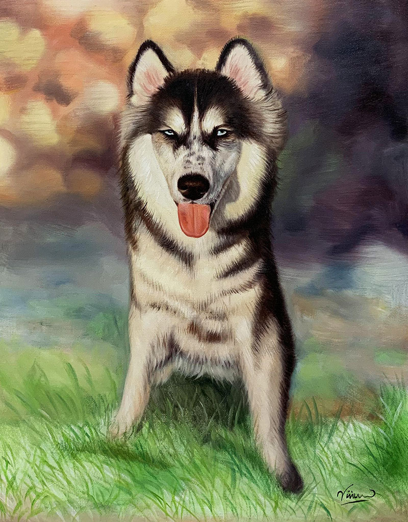 Custom acrylic painting of a dog with colorful background