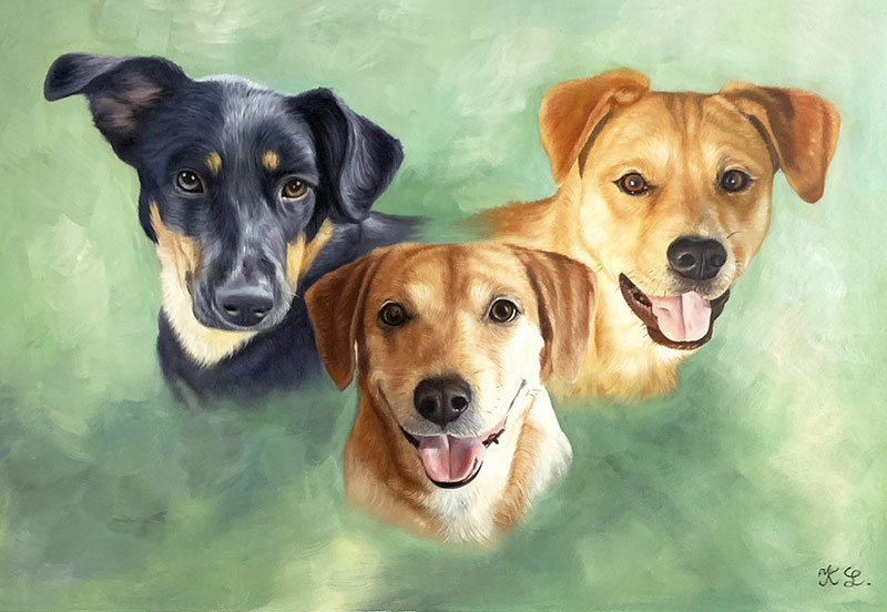 Painting of three dogs: one black and tan, two light brown.