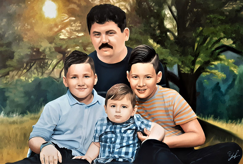 Painting of a father and his three sons sitting outdoors.
