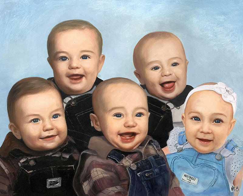 Custom handmade oil painting of five babies