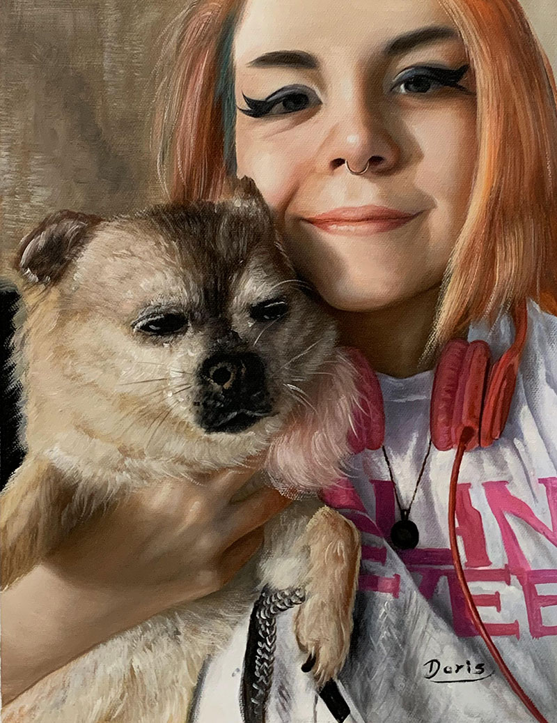 Custom oil painting of an adult with a pet