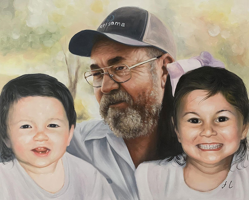 Custom oil painting of a grandfather with grandkids
