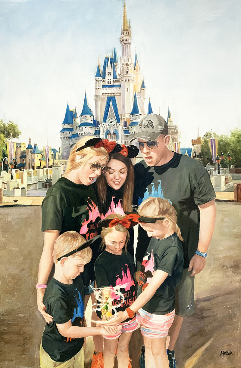 Painting of a family at Disney World looking at a small figurine in front of Cinderella Castle.