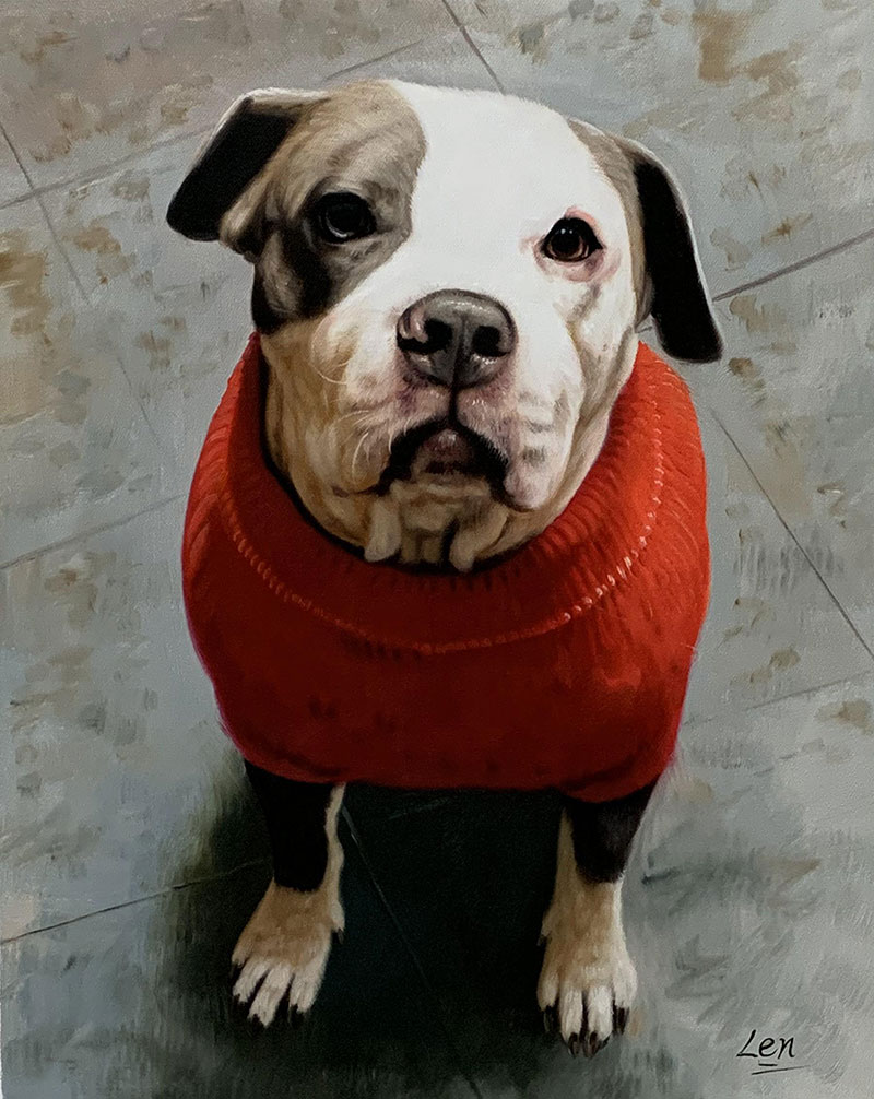 Custom handmade close up oil artwork of a dog