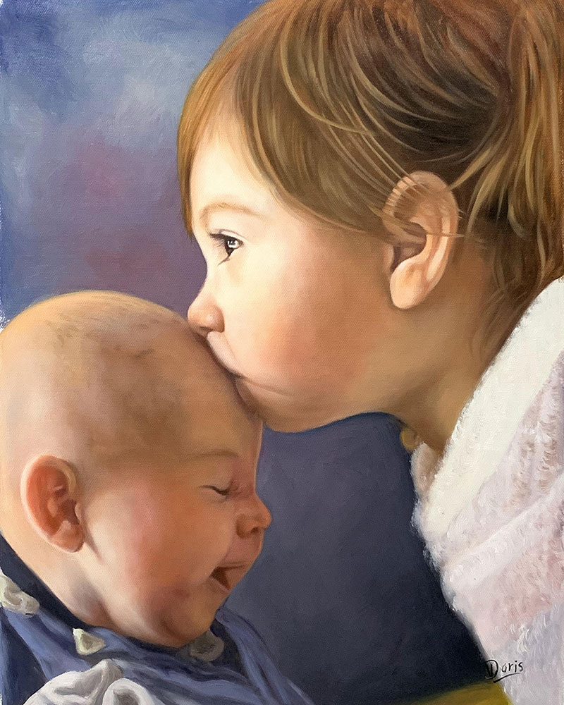 Gorgeous oil painting of a baby girl kissing her brother