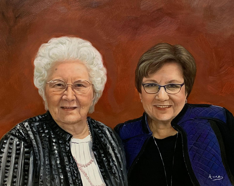 Painting of two women, one elderly with white hair and glasses, the other middle-aged with brown hair and glasses.