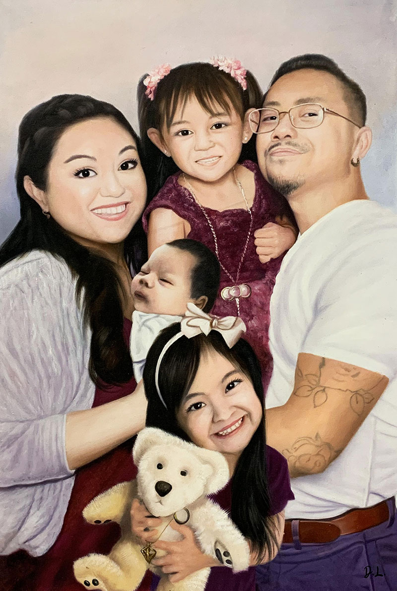 Family portrait painting: mother, father, baby, and two daughters.