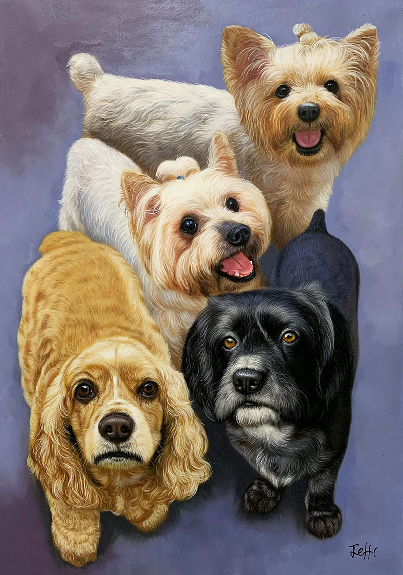 Custom handmade oil painting of multiple pets