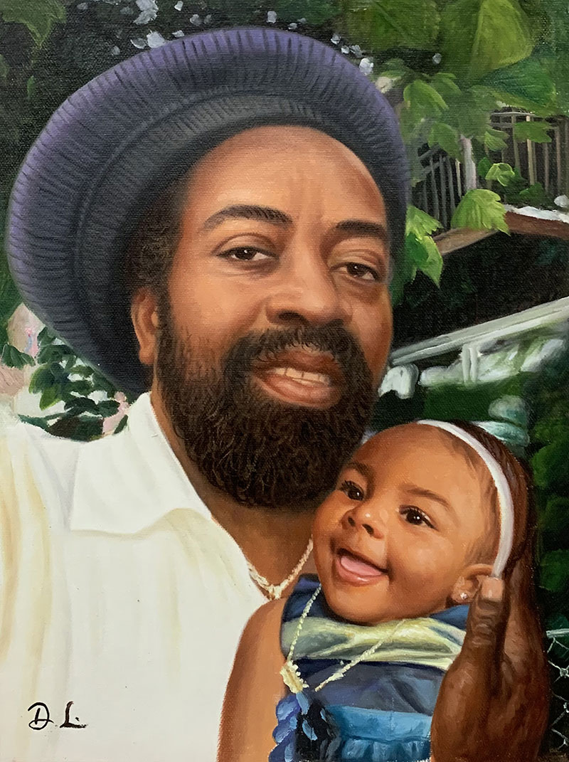 Painting of a smiling man in a purple hat holding a smiling baby girl.