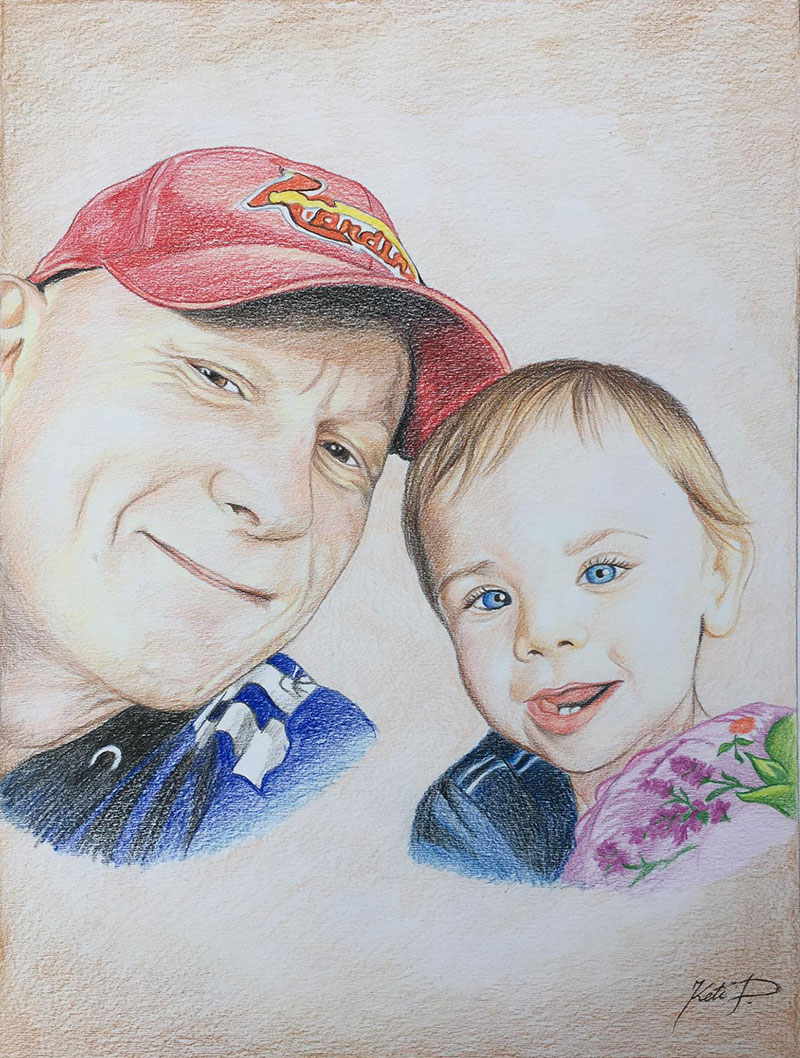 Custom color pencil painting of a grandfather and a baby