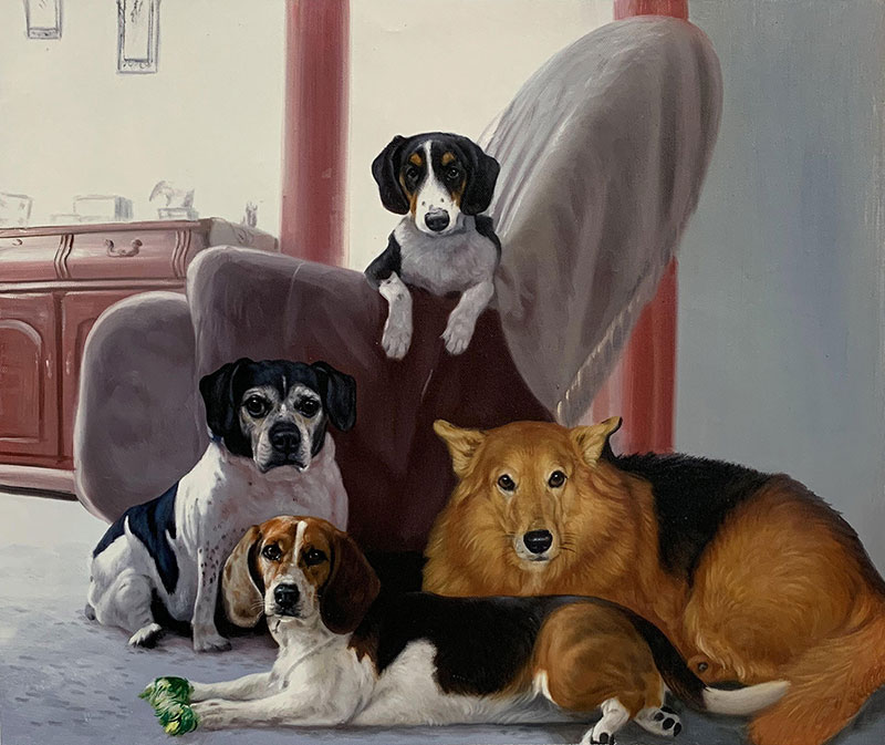 Painting of four dogs, three small dogs and one large dog.