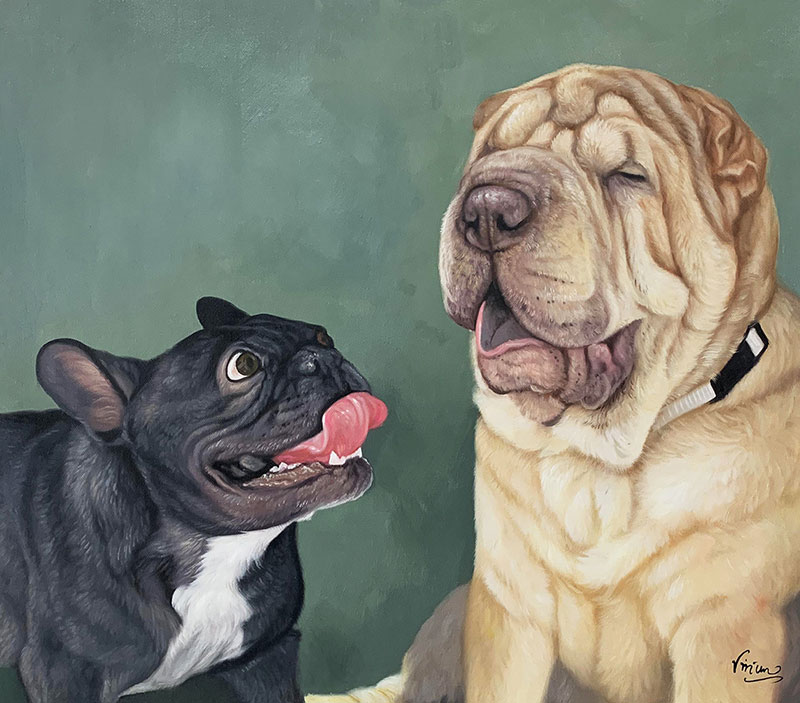 Painting of a French bulldog and a Shar-Pei.