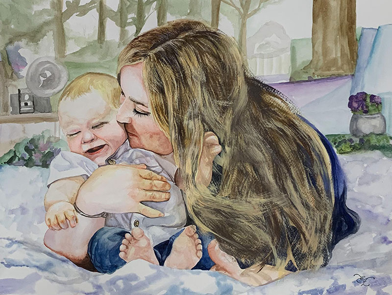 Stunning watercolor painting of a mother and son