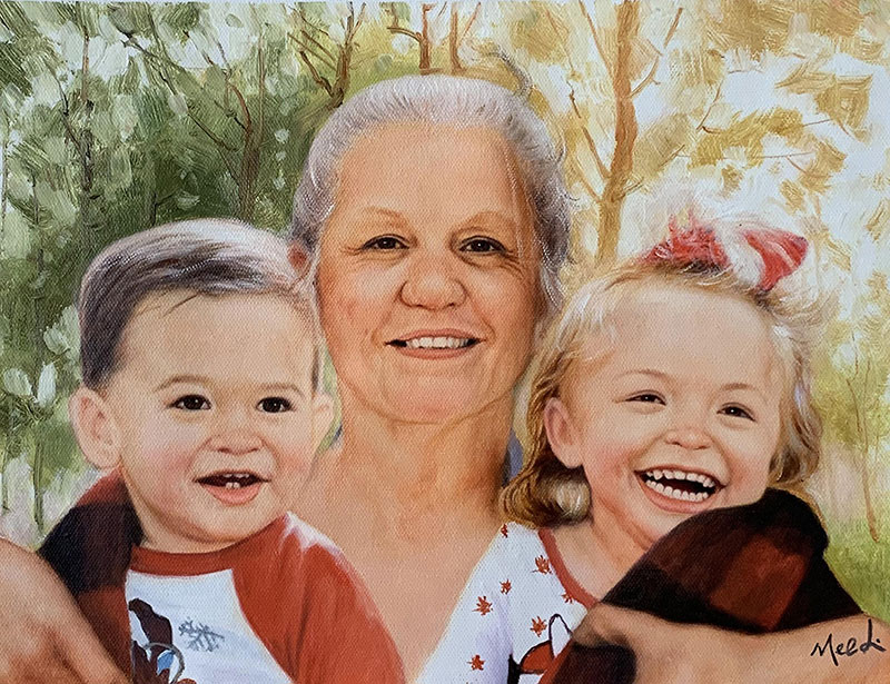 Beautiful oil painting of a grandmother with grand kids