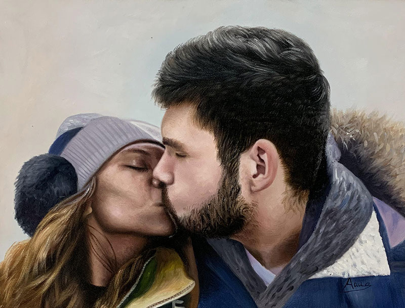Gorgeous acrylic painting of a kissing couple