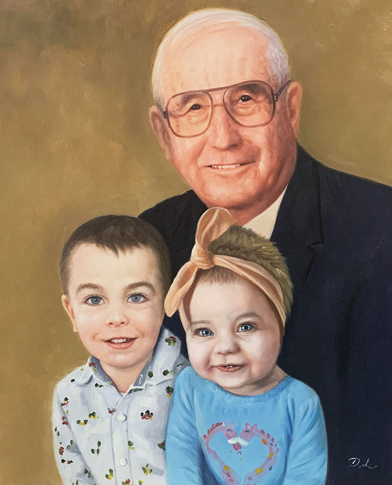Beautiful acrylic painting of a grandfather with grand kids