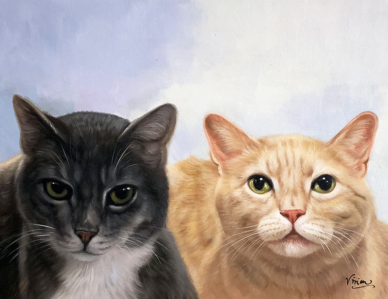 Painting of a gray and white cat and an orange cat