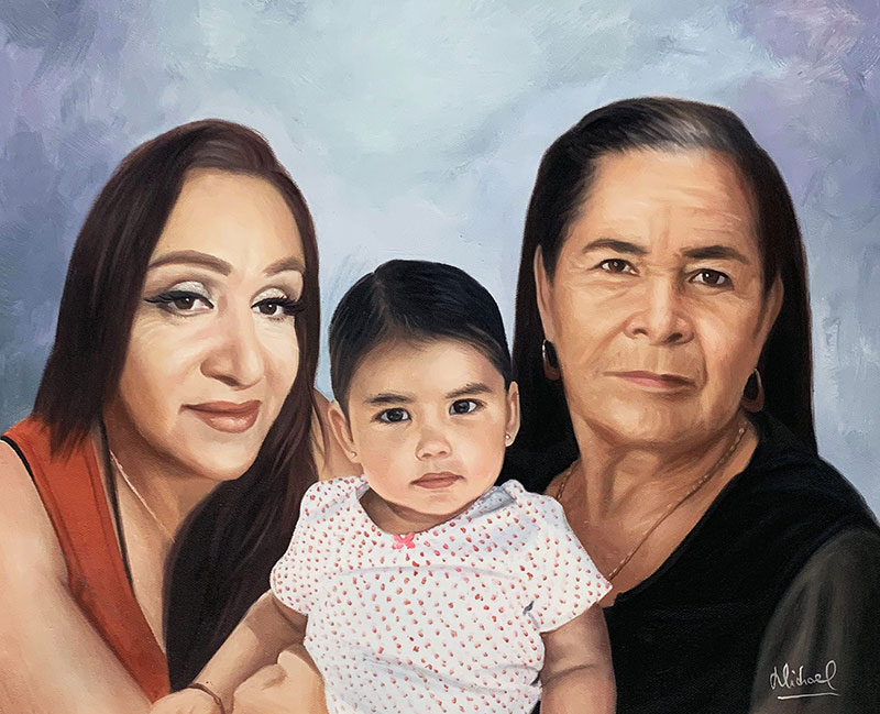Custom acrylic painting of two ladies and a baby