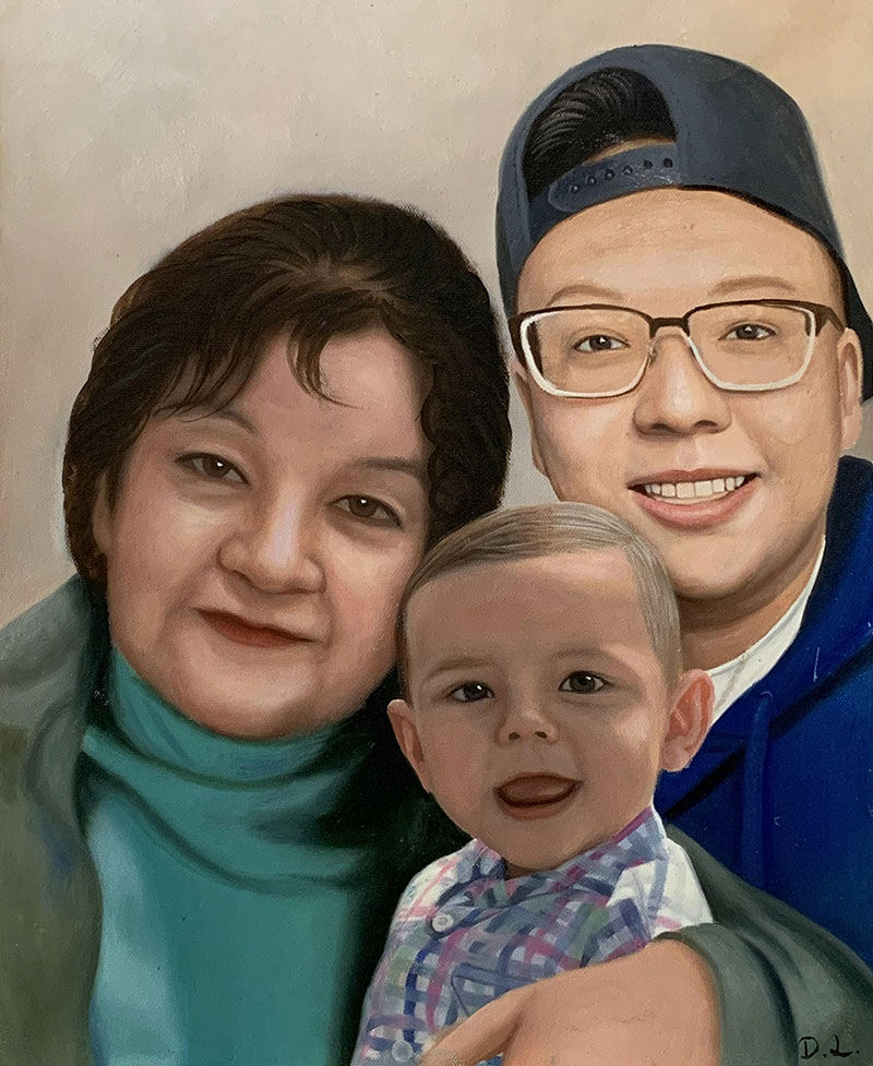 Painted portrait of a grandmother, her grandson, and her son.