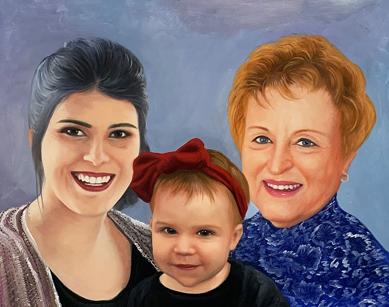 Painted portrait of three generations of women: a young woman, a toddler, and an older woman.