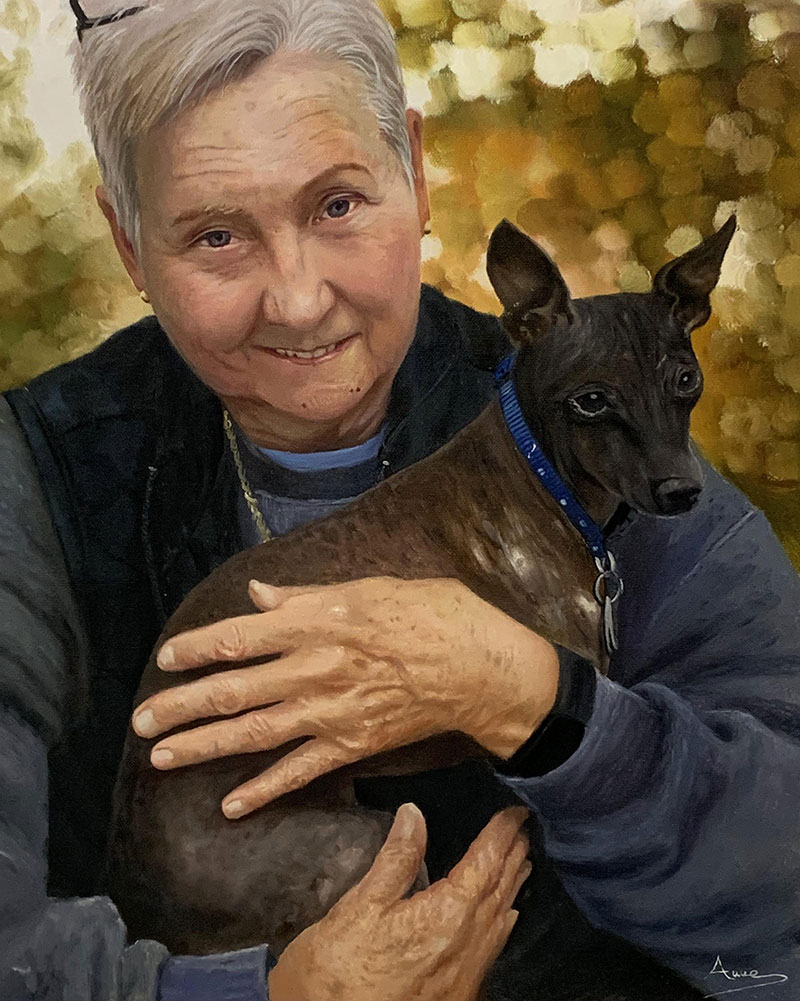 Beautiful oil painting of a lady holding a pet