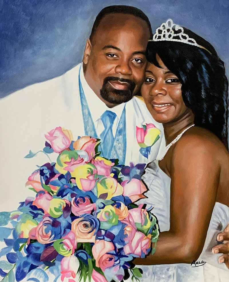 Beautiful oil painting of a just married couple
