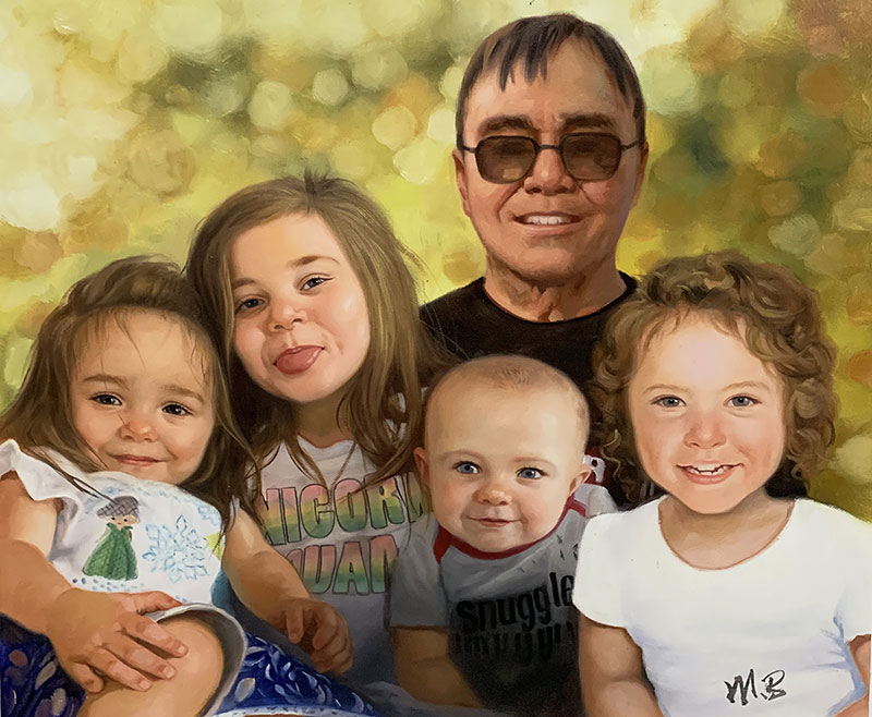 Beautiful oil painting of a grandfather with four children