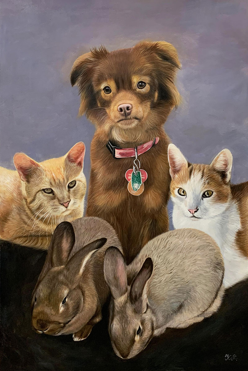 Painting of a dog, two cats, and two rabbits.